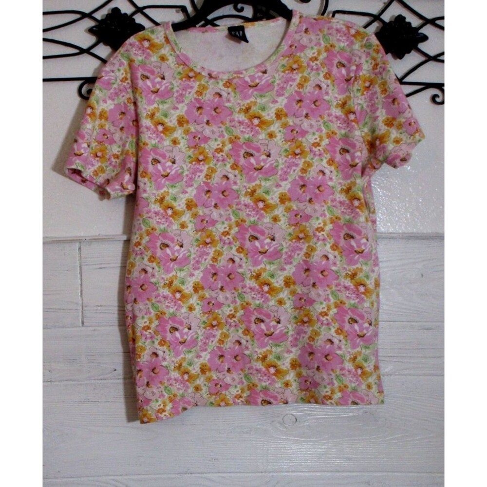 Y2K Gap Women's Knit Top Size XL Short Sleeve Pink Floral Round Neck
